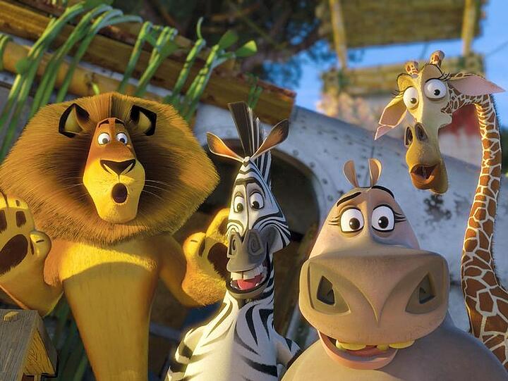 Alex der Löwe, Marty das Zebra, Gloria das Nilpferd und Melman die Giraffe.