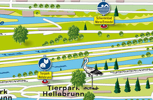 Höhe Benediktbeurer Straße: Rechts der Isar kann man einen Blick auf exotische Tiere erhaschen. Links der Isar ist auf der Kanalinsel das Schwimmbad Maria Einsiedel angesiedelt.