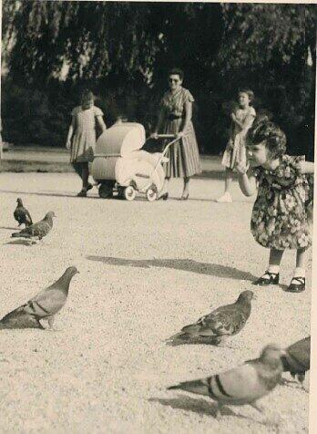 1956 im Englischen Garten: die AZ-Leserin im Zwiegespräch mit den Tauben – hinten ein zeitgenössisches Kinderwagen-Modell.