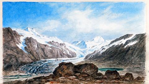 Pindar-Gletschers im Himalaya (Indien). Das Gemälde gehört zu einer historischen Sammlung von zweihundert Aquarellen und Zeichnungen, die von den Erben der Münchner Wissenschaftler Hermann, Adolph und Robert Schlagintweit aus dem Nachlass der Brüder dem Alpine Museum des Deutschen Alpenvereins (DAV) geschenkt wurden.