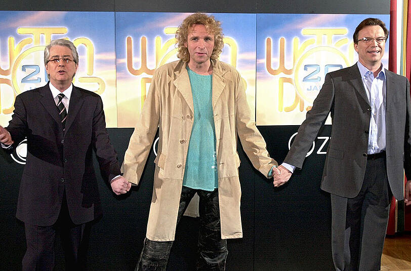 Die "Wetten, dass...?"-Moderatoren Frank Elstner, Thomas Gottschalk und Wolfgang Lippert (v.l.) brachten es gemeinsam auf 192 Sendungen.