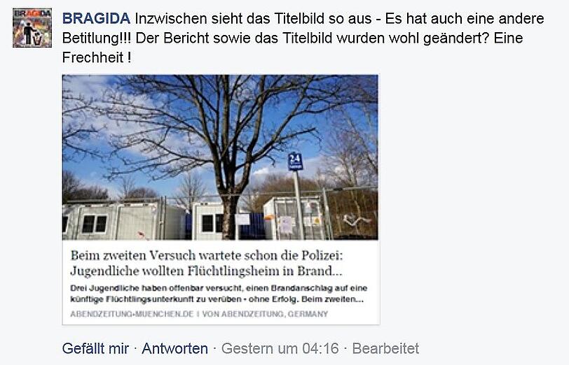 Die Pegida wirft der Abendzeitung vor, die Überschrift nachträglich verändert zu haben.