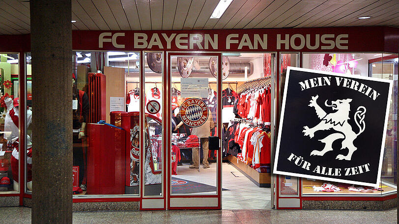 1860-Aufkleber (kleines Bild) auf dem Schaufenster des FCB-Fanshops führten am Hauptbahnhof zu einer körperlichen Auseinandersetzung.