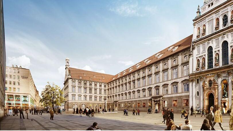 Die Visualisierung der Alten Akademie aus dem Architekturwettbewerb. Eine &Ouml;ffnung der Arkaden im vorspringenden Kopfbau ist im Gespr&auml;ch.