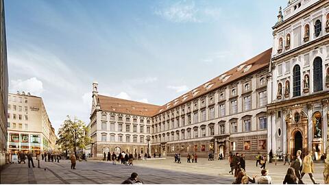 Die Visualisierung der Alten Akademie aus dem Architekturwettbewerb. Eine &Ouml;ffnung der Arkaden im vorspringenden Kopfbau ist im Gespr&auml;ch.