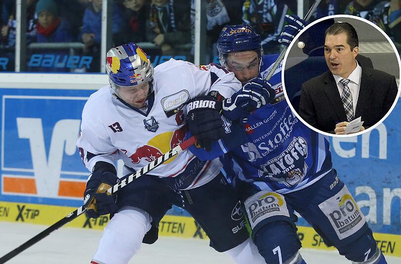 Tigers-Coach Larry Mitchell über das heutige Duell: Lieferten sich im März eine hitzige Playoff-Serie, die der EHC mit 4:1 gewann: München (l. Michael Wolf) und Straubing.