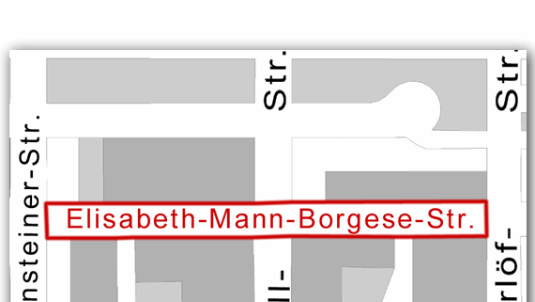Hier verläuft die Elisabeth-Mann-Borgese-Straße. Hier verläuft die Elisabeth-Mann-Borgese-Straße.