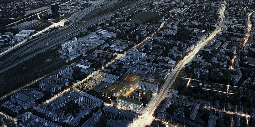 Das Rendering zeigt, wie das Gelände mit dem Bürokomplex bei Nacht aussehen könnte.