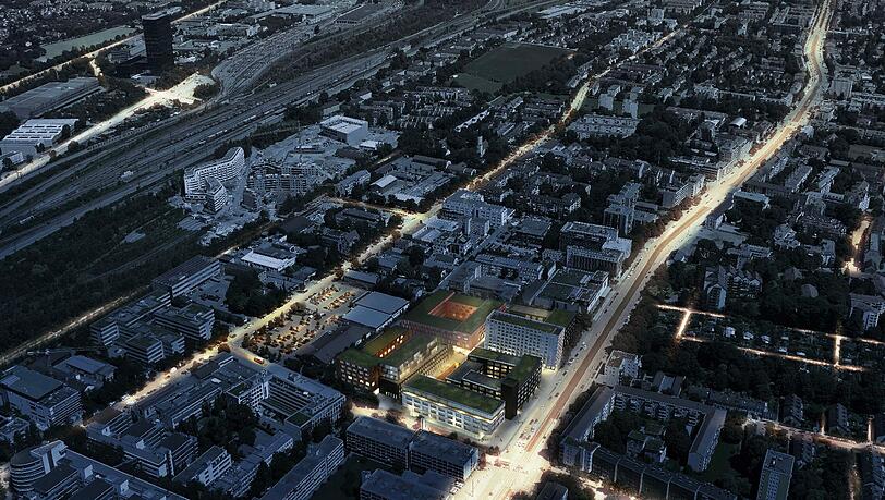 Das Rendering zeigt, wie das Gelände mit dem Bürokomplex bei Nacht aussehen könnte. Das Rendering zeigt, wie das Gelände mit dem Bürokomplex bei Nacht aussehen könnte.