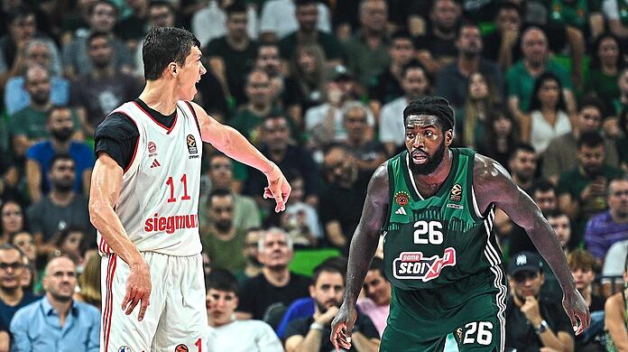 Kein Weg vorbei am Euroleague-Champion: Vladimir Lucic (l.) im Duell mit Athens Mathias Lessort, einem Ex-Bayern.
