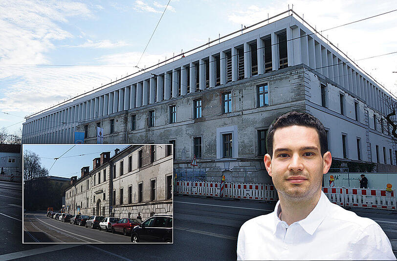 Der alte Zacherlbau (kleines Foto) war lange Zeit ungenutzt und ist über die Jahre verkommen. Der denkmalgeschützte Teil der Fassade wurde nun in den Neubau eingefasst. (Archivbild)