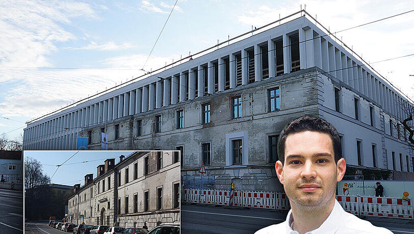 Der alte Zacherlbau (kleines Foto) war lange Zeit ungenutzt und ist über die Jahre verkommen. Der denkmalgeschützte Teil der Fassade wurde nun in den Neubau eingefasst. (Archivbild) Der alte Zacherlbau (kleines Foto) war lange Zeit ungenutzt und ist über die Jahre verkommen. Der denkmalgeschützte Teil der Fassade wurde nun in den Neubau eingefasst. (Archivbild)