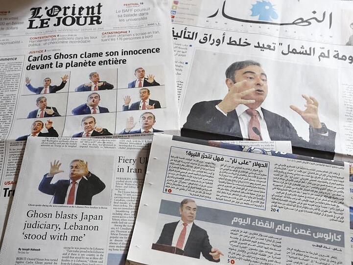 Berichte über den Fall Ghosn in libanesischen Tageszeitungen am Tag nach der Pressekonfeerenz in Beirut.