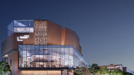 Der (hoffentlich) in nicht zu ferner Zukunft sanierte Gasteig in einer Simulation des Architekturbüros Henn. Kernstück - neben einer Optimierung der Philharmonie und einer neuen Haustechnik - die Verbindung der Gebäudetrakte durch eine gläserne „Kulturbrücke“.