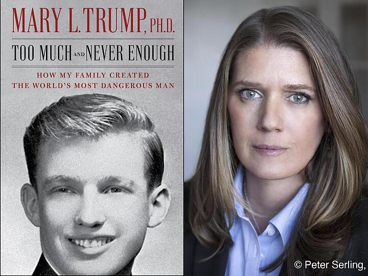 Donald Trumps Nichte Mary Trump neben ihrem Enthüllungsbuch "Too Much and Never Enough: How My Family Created the World's Most Dangerous Man" ("Zu viel und nie genug - Wie meine Familie den gefährlichsten Mann der Welt geschaffen hat").