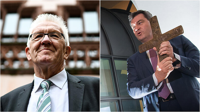Winfried Kretschmann (l.) muss bei Söders Kruzifix-Foto (r.) an einen Vampir-Film denken.