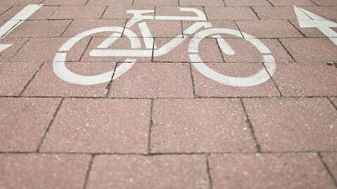 Ein Fahrradsymbol mit zwei wegweisenden Pfeilen ist auf dem Straßenboden zu sehen. Foto: picture alliance / dpa/Archivbild