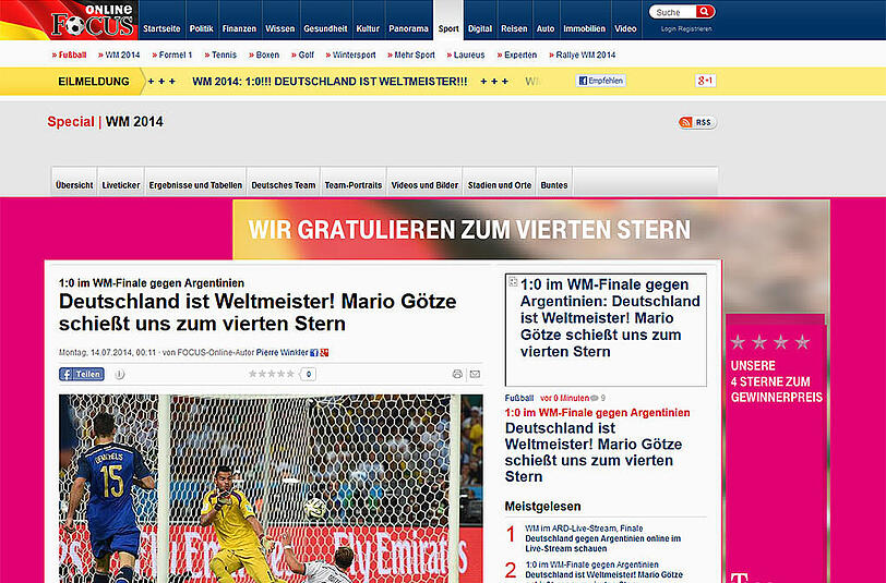 Focus.de: "Götze schießt uns zum vierten Stern"