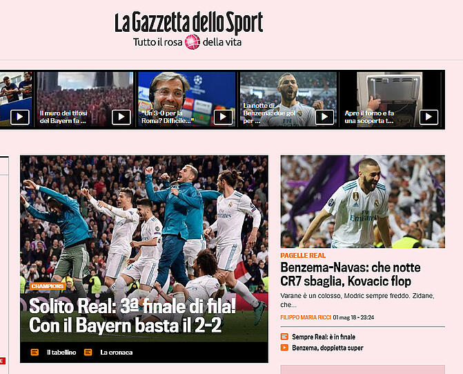 Gazzetta dello Sport (Italien): "Typisch Real: 3. Finale in Folge! 2:2 reicht gegen Bayern&ldquo; Rechts: &bdquo;Benzema-Navas: diese Nacht, CR7 fehlerhaft, Kovacic flop"