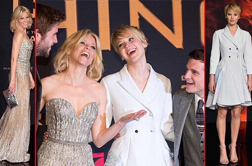 Die vier Schauspieler um Hauptdarstellerin Jennifer Lawrence (m. und r.) gestern auf dem roten Teppich in Berlin bei der Deutschlandpremiere der "Tribute von Panem - Catching Fire" am Potsdamer Platz. Mit dabei Liam Hamsworth, Elizabeth Banks und Josh Hutcherson.