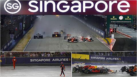 Vorentscheidende Szene um die Weltmeisterschaft? In Singapur wird Sebastian Vettel bereits in der ersten Kurve vom eigenen Teamkollegen von der Strecke befördert. Die Bilder vom heftigen Crash