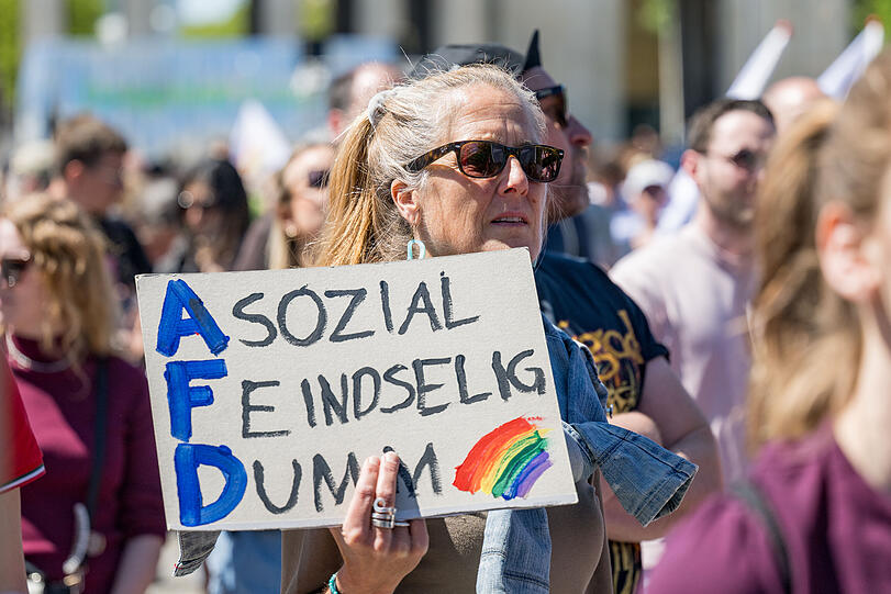 Eine Demonstrantin hält ein Plakat mit der Aufschrift "Asozial - Feindselig - Dumm" .