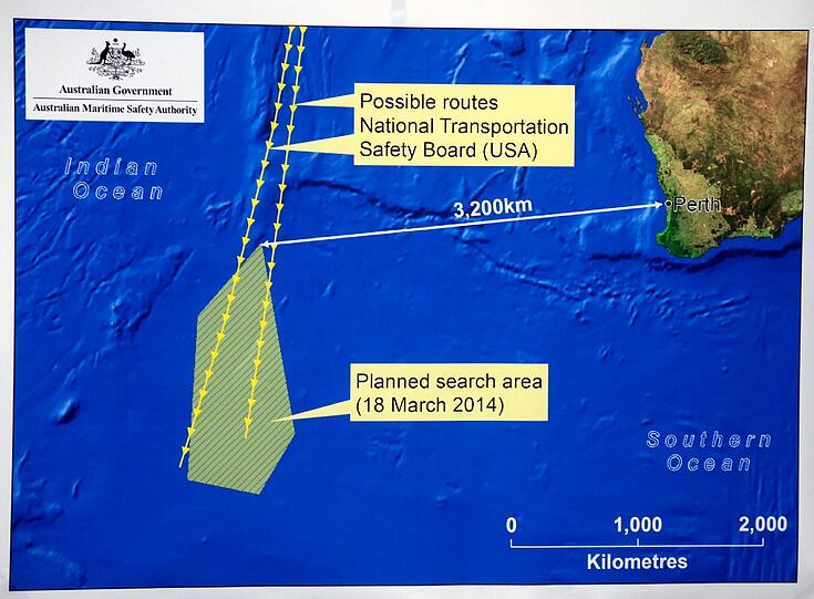 Das Flugzeug ist nach Ansicht der Experten entweder nach Süden oder nach Norden geflogen. Australien sucht im Süden - westlich seiner Küste.