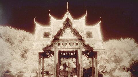 Mit einem Infrarot-Film abgelichtet und dann noch ein nachbearbeitet - so kam das ungewöhnliche Foto der Thai-Sala im Westpark zustande.