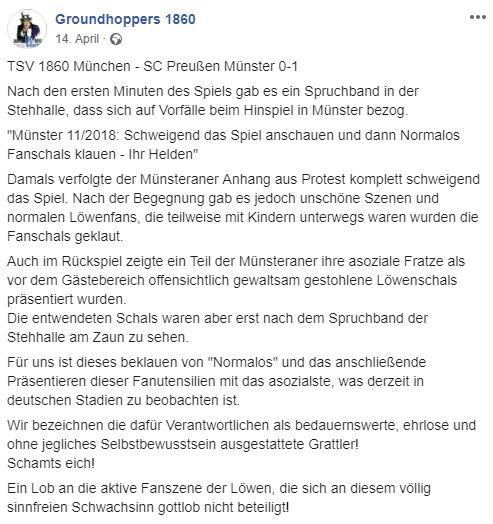 Die "Groundhopper 1860" attackierten die Münster-Ultras nach den Provokationen scharf.