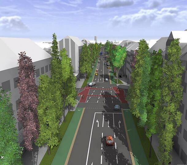 So stellt sich das Mobilitätsreferat die Lindwurmstraße im Bereich der Kapuzinerstraße vor. Die Gehwege werden breiter, so dass die Gastro auch die Möglichkeit hätte, Freischankflächen einzurichten.