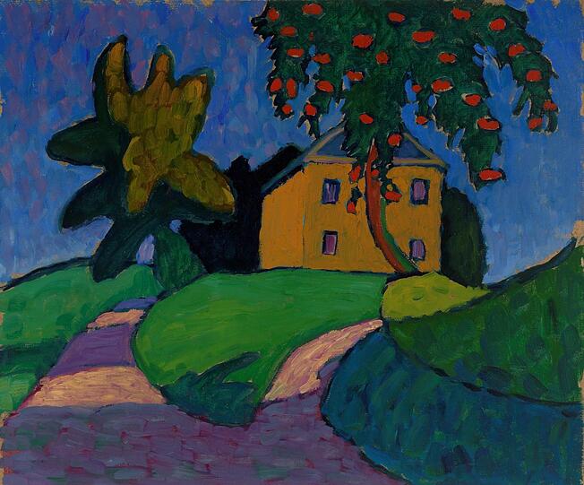 Einfache Formen, starke Farben - Gabriele Münter hat das "Gelbe Haus mit Apfelbaum" 1910 gemalt.