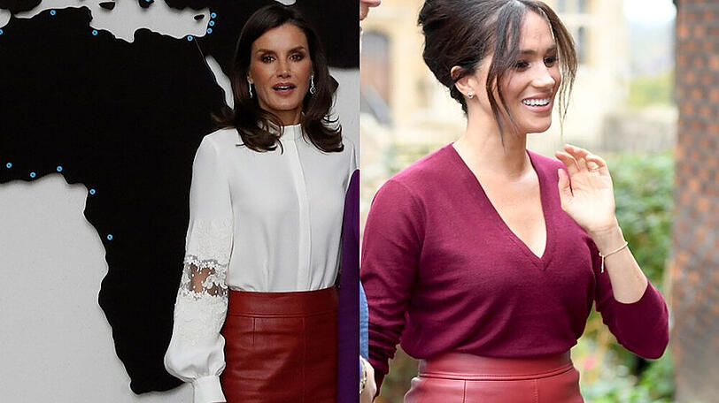Königin Letizia (l.) oder Herzogin Meghan: Wem steht der Rock besser?