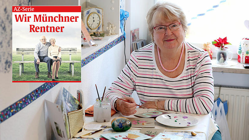 Die Münchner Rentnerin Helga Ring (73) lebt mit 930 Euro Rente. Hier malt sie Weihnachtskarten in ihrer Küche.