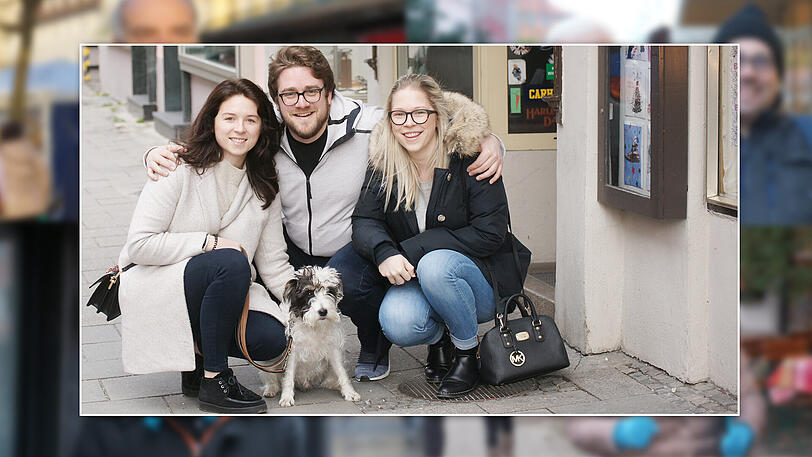 v.li. Key Accountmanagerin Nadine Huber (24), Kaufmann Emanuel Clemm (28) und Eventmanagerin Vanessa Huber (22) mit Hund Charly (6)
Nadine Huber: "Wir mögen es, Eishockey oder auch Fußball-Spiele anzuschauen. Wenn man live dabei ist, dann weckt    das alle Emotionen."
Emanuel Clemm: "Für mich ist Hund Charly ein wahnsinnig aufgeweckter und neugieriger Hund. Wir gehen täglich zweimal am Tag spazieren - am liebsten im nördlichen Teil des Englischen Gartens, weil man da besonders viel Ruhe genießen kann. Ganz tolle knusprige Pizza bekommt man im Terra Verde in der Baaderstraße." 
Vanessa Huber: "In unserer Freizeit kochen wir gerne gesund und frisch - oder treffen uns im Café Emilo in der  Buttermelcherstraße. Da gibt es den geilsten Marmorkuchen - und samstags die geniale Mehlspeise Scheiterhaufen."
