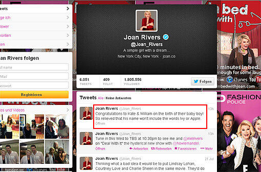 Und US-Entertainerin Joan Rivers (80) betonte bei Twitter: &bdquo;Ich bin so erleichtert, dass sein Name keine Worte wie Ivy oder Apple beinhalten wird.&ldquo;
