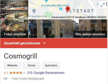 "Dauerhaft geschlossen": Der Cosmogrill in München.