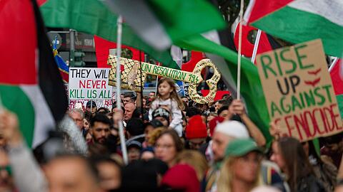 Sehr viele Transparente erhoben den Vorwurf des "Völkermords", den Israel strikt zurückweist.