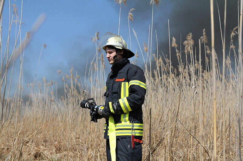 Mit einer Löschkette kämpften ein Feuerwehrmänner gegen die Feuerwalze, die sich durch das Schilf fraß.