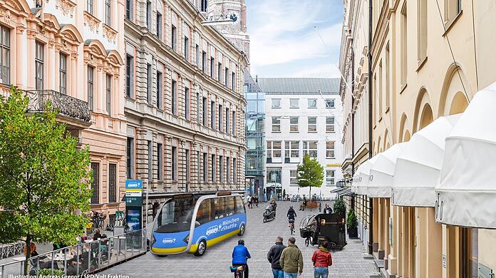 Alle Parkplätze weg, kein Autoverkehr mehr - dafür sollen E-Citybusse durch die Altstadt fahren, wie auf dieser Illustration in der Kardinal-Faulhaber-Straße.