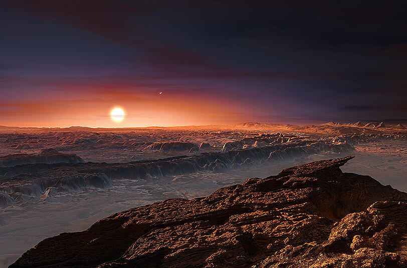 Ein Traum in Rot: So stellt sich ein Künstler die Oberfläche des Planeten &bdquo;Proxima Centauri b&ldquo; vor.