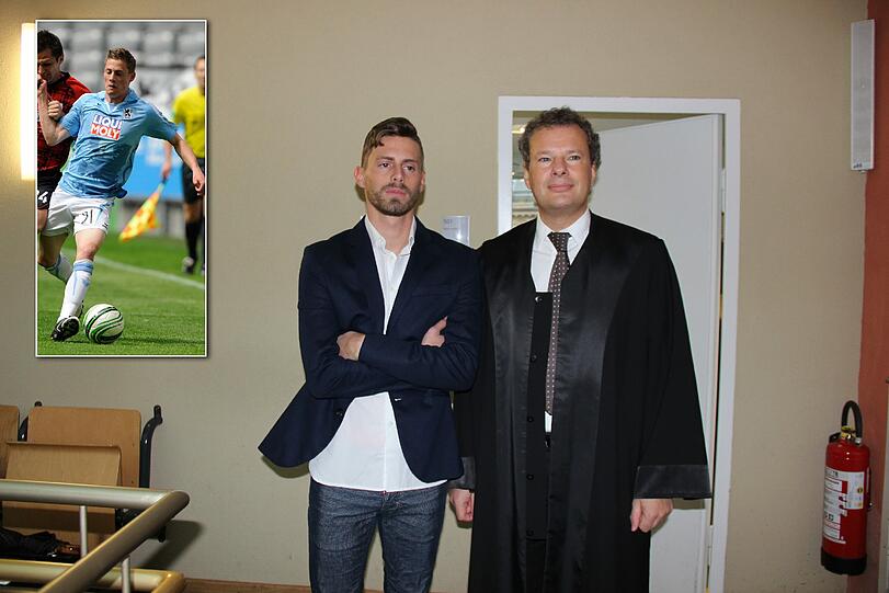 Vor dem Gerichtssaal: Sandro Kaiser (l.) mit Anwalt Harald Schauer. Kleines Bild: Der Ex-Fußballer 2010 im Trikot des TSV 1860 München.