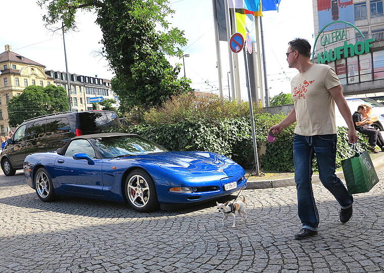 Corvette mit Zamperl am Stachus.