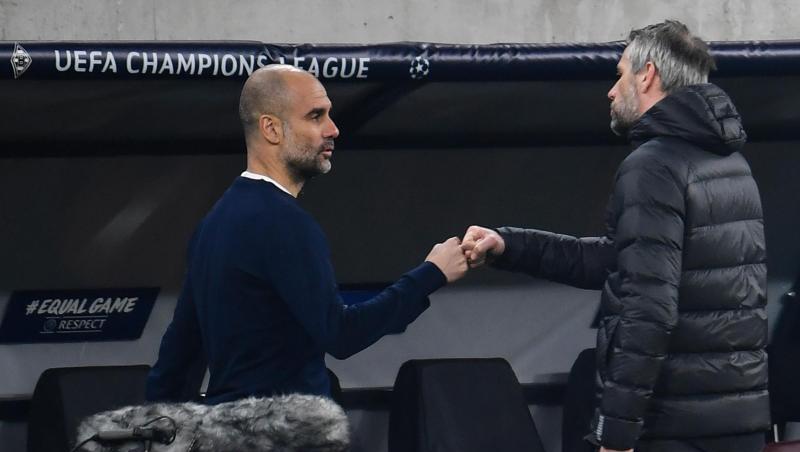 Pep Guardiola (l) war mit Manchester City für Trainerkollege Marco Rose und Borussia Mönchengladbach eine Nummer zu groß.