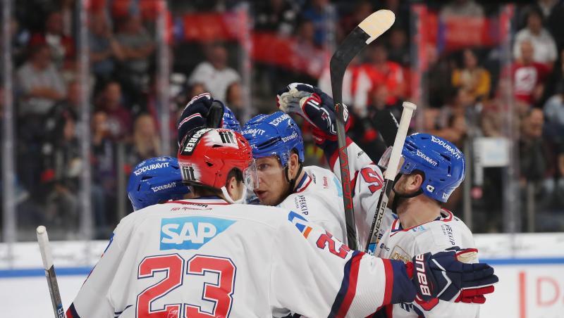 Die Spieler von Adler Mannheim feiern einen Treffer beim Spiel gegen die Ice Tigers. Die Spieler von Adler Mannheim feiern einen Treffer beim Spiel gegen die Ice Tigers.