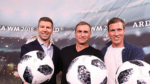 Die ARD-Experten für die WM 2018 in Russland: Thomas Hitzlsperger (l-r), Stefan Kuntz und Hannes Wolf.