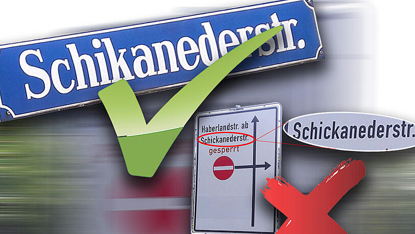 Der richtige und der falsche Schikaneder: links-oben das Straßenschild (korrekt), rechts-unten das Umleitungsschild (nicht ganz korrekt). Der richtige und der falsche Schikaneder: links-oben das Straßenschild (korrekt), rechts-unten das Umleitungsschild (nicht ganz korrekt).