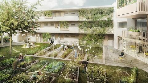 Das Studentenwohnheim besticht mit viel gemeinsamer Grün-Fläche, außen wie innen.