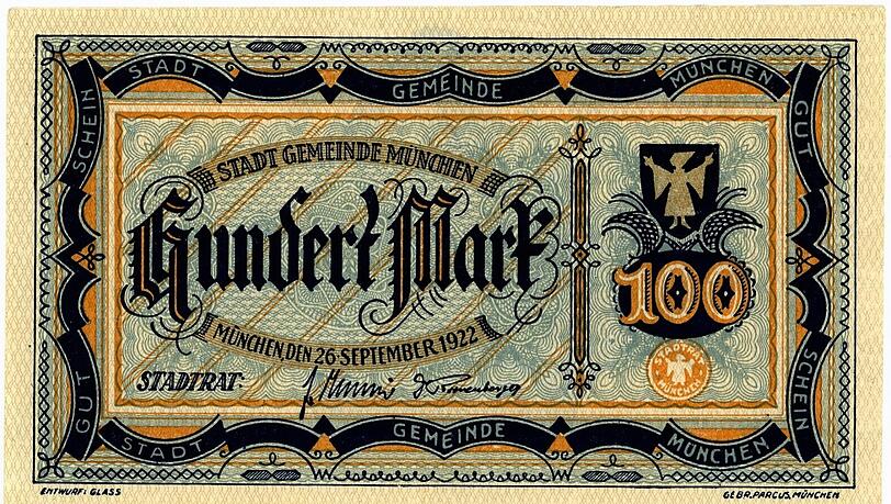 Die Rückseite des 100-Mark-Gutscheins der "Stadt Gemeinde München" gestaltet der Künstler in Schwarz und Orange. Die Rückseite des 100-Mark-Gutscheins der "Stadt Gemeinde München" gestaltet der Künstler in Schwarz und Orange.