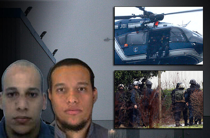 Frankreich jagt die Paris-Attentäter: Cherif (32) und Said Kouachi (34) haben sich mit einer Geisel in einem Industriegebäude verschanzt. Die Bilder vom Einsatz.