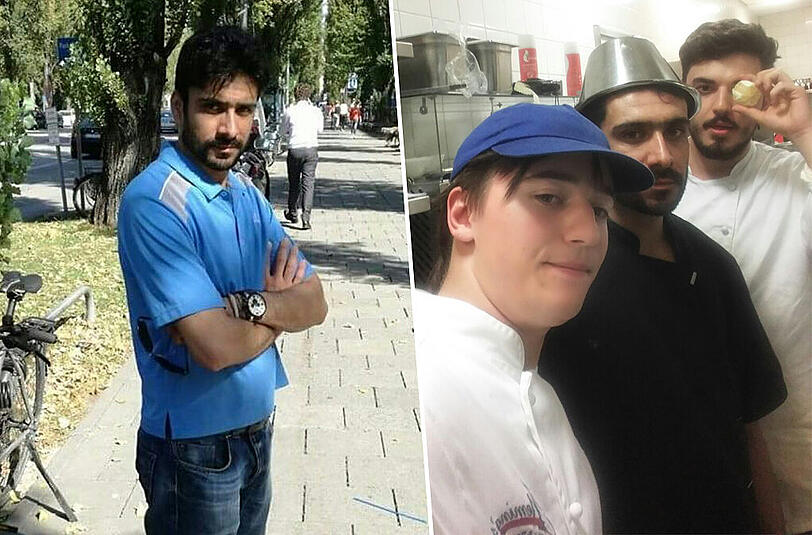Sabur Frotan sitzt in Abschiebehaft. Rechts ein Foto aus besseren Zeiten mit Kollegen aus dem Fleming&rsquo;s Hotel, die ihren Kollegen liebgewonnen haben.